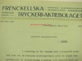 Frenckellska Tryckeri Ab, Helsingfors, Helsinki 3.5.1913 -asiakirja koskien karamellipapereita Lindfors Karamellfabrikille, Porvooseen