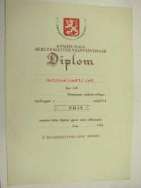 Kommunala Arbetsmästerskapstävlingar / Diplom = Maakunnalliset Työmestaruuskilpailut / Kunniakirja -sodanaikaisten työmestaruuskilpailujen plakaatti, pitihän