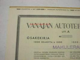 Vanajan Autotehdas Oy, Helsinki 1951, 1 000 osaketta, 1 000 000 mk -osakekirja
