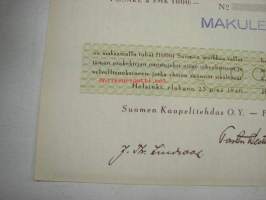 Suomen Kaapelitehdas Oy, Helsinki 1940, 1 000 mk -osakekirja