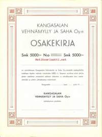 Kangasalan Vehnämylly ja Saha Oy, 5000 mk  osakekirja, Kangasala 19XX