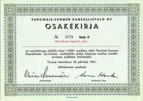 Varsinais-Suomen Kansallistalo Oy, sarja A 1000 mk osakekirja, Turku 26.1.1961