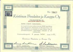Kristiinan Pesulaitos ja Kauppa Oy, 2000 mk  osakekirja,  Kristiinankaupunki 4.2.1950