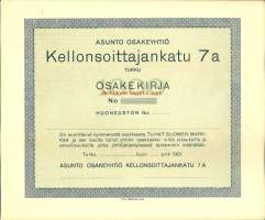 Asunto Oy Kellonsoittajankatu 7 a,  1000mk  osakekirja,  Turku 1921