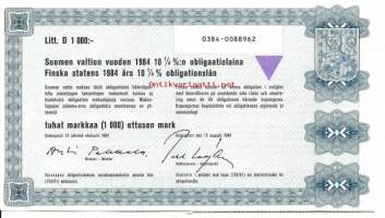 Suomen valtion vuoden 1984  10,25  %:n obligaatiolaina      Litt D 1000 mk, Helsinki   13.8.1984 obligaatio