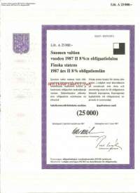 Suomen valtion vuoden 1987 II  8  %:n obligaatiolaina      Litt A 25 000 mk, Helsinki  2.3.1987  obligaatio
