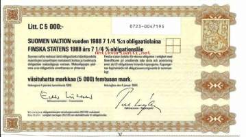 Suomen valtion vuoden 1988  7,25  %:n obligaatiolaina      Litt C5 000 mk, Helsinki  4.1.1988 obligaatio