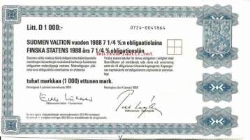 Suomen valtion vuoden 1988    7,25  %:n obligaatiolaina      Litt D 1 000 mk, Helsinki  4.1.1988 - obligaatio