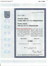 Suomen valtion vuoden 1981   11,75  %:n obligaatiolaina      Litt C 1000 mk, Helsinki  3.1.1981 obligaatio