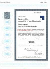 Suomen valtion vuoden 1986  10  %:n obligaatiolaina      Litt D 1000 mk, Helsinki  2.1.1986 - obligaatio