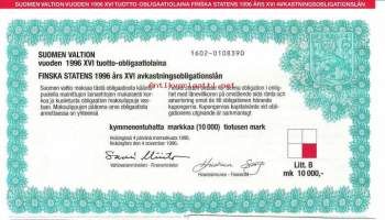Suomen valtion vuoden 1996  XVI tuotto- obligaatiolaina      Litt B  10 000 mk, Helsinki   4.11.1996