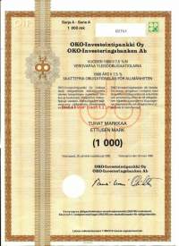 OKO-Investointipankki Oy  vuoden  1988 II 7,5 %:n  verovapaa yleisöobligaatiolaina    sarja A 1000 mk 10 % , Helsinki 28.3.1988