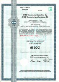 OKO-Investointipankki Oy  vuoden  1988 II 7,5 %:n  verovapaa yleisöobligaatiolaina    sarja B 5000 mk 10 % , Helsinki 28.3.1988