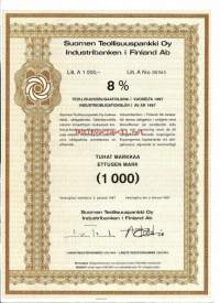 Suomen Teollisuuspankki  Oy ,8  % teollisuusobligaatiolaina   I    vuodelta 1987  Litt A  1000 mk, Helsinki  2.2.1987