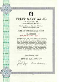 Finnish Sugar Co Ltd, 5 % Notes 1985-1991  Swiss Francs 8 000 000,-   Espoo 5.12.1985