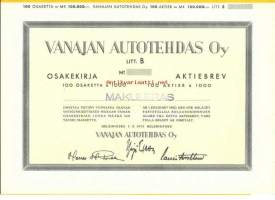 Vanajan Autotehdas Oy   , Litt B  100x 1 000 mk  osakekirja, Helsinki 1.5.1951as