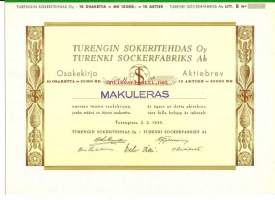 Turengin Sokeritehdas Oy    ,  Litt B  10x10 000 mk  osakekirja, Turenki 2.2.1943
