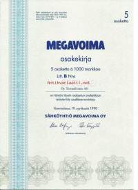 Megavoima Oy  5x1000 mk , osakekirja,Vammala 19.9.1990