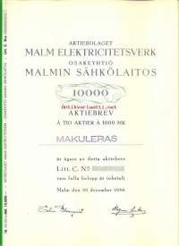 Malm Elektricitetsverk  Oy  10x1000 mk , osakekirja, Malmi 30.12.1938