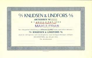 Knudsen&amp;Lindfors  Oy Ab  1 000 mk , osakekirja, Helsinki 28.7.1934