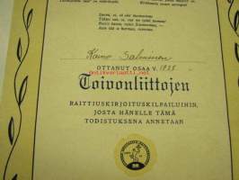 Suomen Opettajain Raittiusliitto, toivonliittojen raittiuskirjoituskilpailu, Kaino  Salminen 1938 -osallistumistodistus