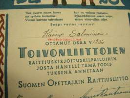 Suomen Opettajain Raittiusliitto, Toivonliittojen raittiuskirjoituskilpailu, Kaino  Salminen 1936 -osallistumistodistus