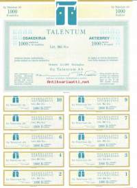 Talentum  Oy Litt BG 1000x10 mk   , osakekirja,  Helsinki 2.4.1990