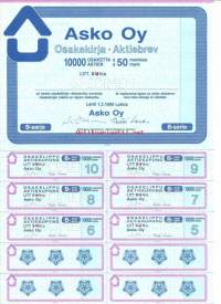 Asko  Oy  Litt SU 10 000 x 50 mk   , osakekirja, Lahti 1.3.1989