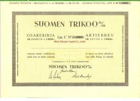 Suomen Trikoo  Oy  10x1000 mk  osakekirja, Tampere 9.2.1955