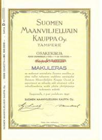 Suomen Maanviljelijäin Kauppa Oy  1000x100mk  osakekirja, Tampere 1.12.1941