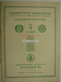 Osakeyhtiö Rakentaja Karkku -akkunoiden ja ovien hinnasto nr 3 1930