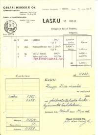 Osakari Heikkilä Oy  - lasku , kuitti,  firmalomake 1952