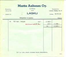 Martta Aaltonen Oy  - lasku  ,  firmalomake 1952
