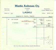 Martta Aaltonen Oy  - lasku nr 719  ,  firmalomake 1952