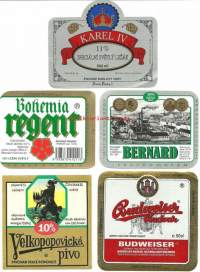 Olutetiketti -Budweiser, Velcopopovicke, Bohemia Regent, Bernard ja Karel IV    5 eril