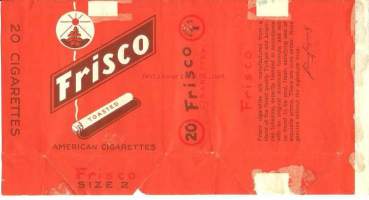 Frisco   - tupakkaetiketti,  avattu tuotepaketti -kääre