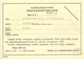 Yleisradiolaitteen vastaanottolupa  - radiolupa 1947-48