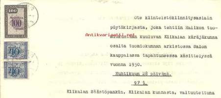 Asiakirja leimamerkein 1950  - ote kiinnitysasiainpöytäkirjasta Kiikalan käräjäkunta, 7 sivua