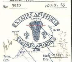 Kasken  Apteekki  , resepti  signatuuri  pussi  1963