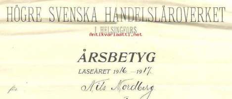 Årsbetyg 1917 - Högre Svenska Handelsläroverket  - koulutodistus