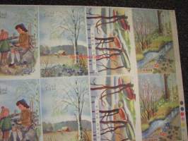 Paperikomppania, leikkaamaton pääsiäiskorttiarkki vuodelta 1947, ruotsinkielisiä, mukana pari Martta Wendelin -piirrosta