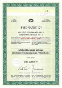 Enso-Gutzeit Oy  Vaihtovelkakirjalaina  1991 II   100 000 mk , Helsinki 19.8.1991  specimen