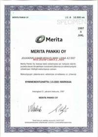Merita Pankki Oy Joukkovelkakirjaohjelman laina 4/1997  specimen,  10 000 mk  Helsinki 21.10.1997  - joukkovelkakirjalaina