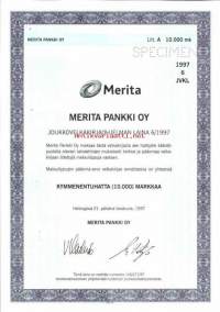 Merita Pankki Oy Joukkovelkakirjaohjelman laina 6/1997  specimen,  10 000 mk  Helsinki 21.10.1997  - joukkovelkakirjalaina