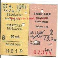 Seinäjoki pikajunan lisälappu 1951 ja Tampere - Helsinki I lk 1976  matkalippu  2 kpl