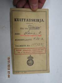 Kuittauskirja Ompelukoneosakeyhtiö Husqvarna, kivityömies Oskar Laine, Vehmaa, 7.10.1935 tehty vähittäismaksusopimus ompelukoneesta, kirja jossa mukana