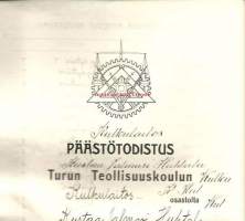 Päästötodistus 1924 - Turun Teollisuuskoulu Kulkulaitososasto - koulutodistus