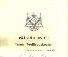 Päästötodistus  1932 - Turun Teollisuuskoulu Huonerakennusosasto - koulutodistuskonsepti ei päiväystä
