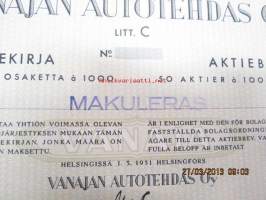Vanajan Autotehdas Oy, Helsinki 1951, 50 osaketta á 1 000 mk -osakekirja