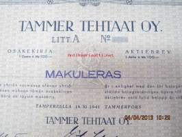 Tammer Tehtaat Oy, Tampere 1941, 100 mk -osakekirja